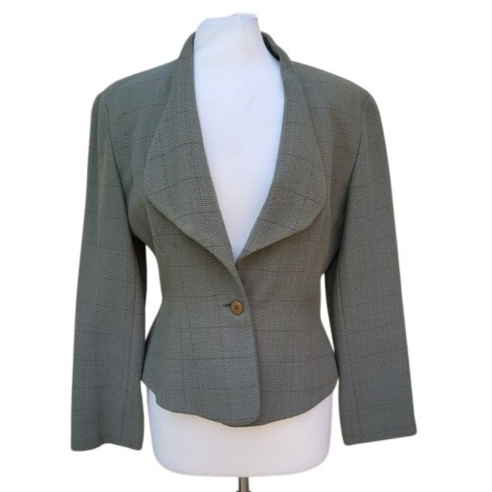 Giorgio Armani VTG 90s Olive Green Blazer and Blue Stripe 2 pc Skirt Suit 10 - Picture 2 of 16